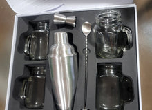 Load image into Gallery viewer, VonShef Stainless Steel Manhattan Cocktail Set includes 4 x Mason Jars, Twisted Bar Spoon, Strainer Lid, 0.5oz / 1oz Measuring Jigger, 18.5oz Shaker, & recipe guide
