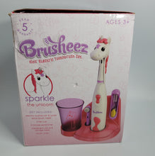 Load image into Gallery viewer, Brusheez Kid's Electric Toothbrush Set - Ages 3+ (Sparkle The Unicorn) Battery Operated with storage Base.
