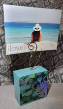 Load image into Gallery viewer, Photo Block Clip with Starfish Charm &amp; "Home is Where the Beach is" Wood Grain
