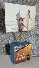 Load image into Gallery viewer, Photo Block Clip with Seahorse Charm &amp; "Seashores on my mind" Wood Grain
