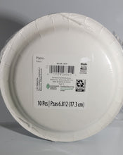Load image into Gallery viewer, Halloween 7 inch Party Plates, 10-pack with Black &amp; White Stripes and EEK
