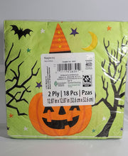 Load image into Gallery viewer, Halloween 13 inch Napkins, 18-pack with Cat in Pumpkin on Green Napkin
