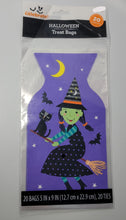 Load image into Gallery viewer, Halloween 5x9 inch treat bags, 20-pack with ties Purple with Witch on Broom and Cat
