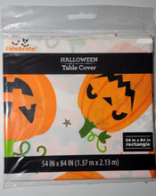 Load image into Gallery viewer, Halloween 4.5 ft x 7 ft Plastic Table Cover White with Orange Pumpkins Design
