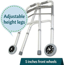 Load image into Gallery viewer, Senior Walker Folding Deluxe 2 Button with Front 5" Wheels, Adjustable Height (Short, Standard, Tall)

