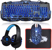 Load image into Gallery viewer, Gaming Keyboard, Mouse, &amp; Headset, Crack Backlit 3 Colors Wired Gaming Combo.  Light up Gaming Headset with Mic, 50mm Speaker Driver for PC
