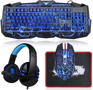 Gaming Keyboard, Mouse, & Headset, Crack Backlit 3 Colors Wired Gaming Combo.  Light up Gaming Headset with Mic, 50mm Speaker Driver for PC