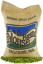 Load image into Gallery viewer, Burlap Bag Green Split Peas • 100% Desiccant Free • 5 lbs • Non-GMO Project Verified • 100% Non-Irradiated • USA Grown • Field Traced •
